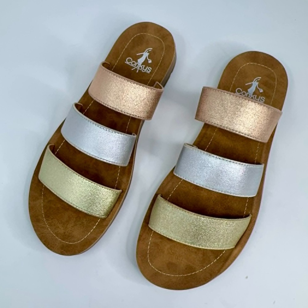NEW Corkys Daphne Mixed‎ Metallic Strap Sandals Womens Size 9 Slip On Comfort